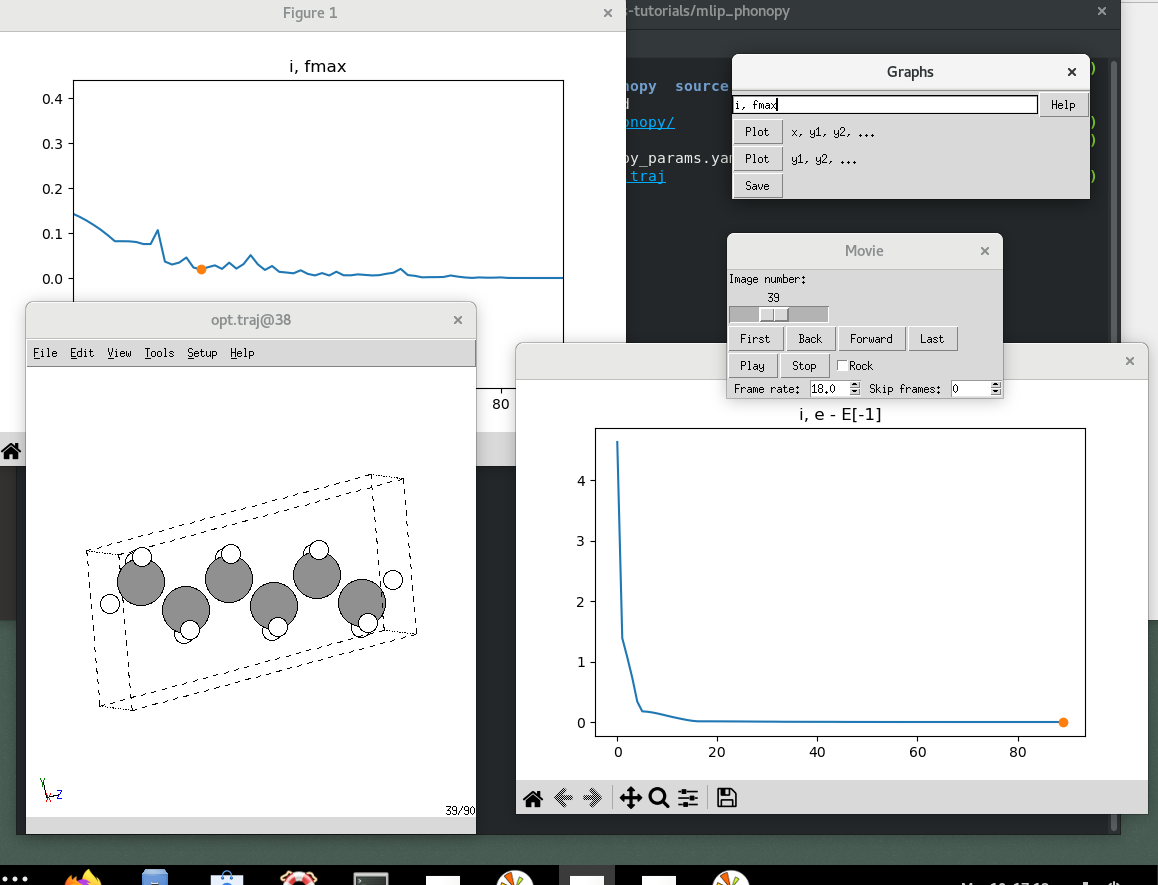 Screenshot of ASE-gui showing hexane structure with plots of energy and force convergence